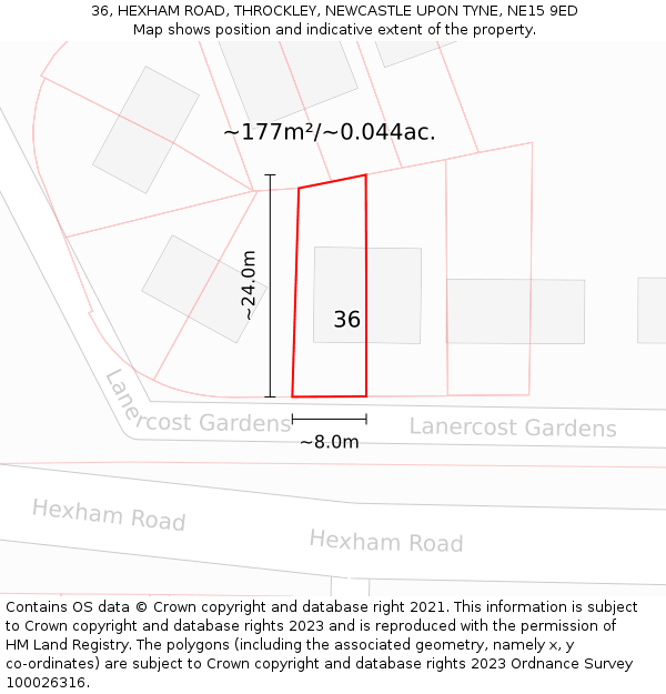 36, HEXHAM ROAD, THROCKLEY, NEWCASTLE UPON TYNE, NE15 9ED: Plot and title map