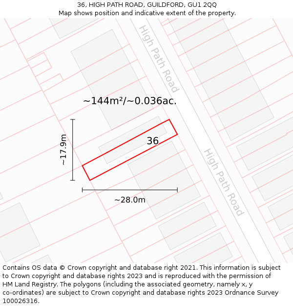 36, HIGH PATH ROAD, GUILDFORD, GU1 2QQ: Plot and title map