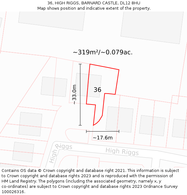 36, HIGH RIGGS, BARNARD CASTLE, DL12 8HU: Plot and title map
