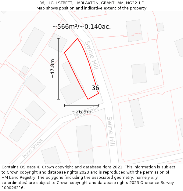 36, HIGH STREET, HARLAXTON, GRANTHAM, NG32 1JD: Plot and title map