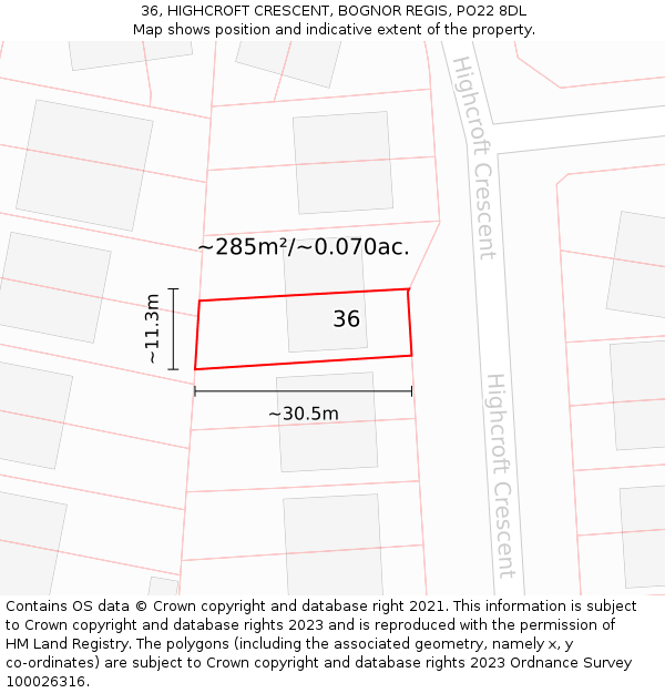 36, HIGHCROFT CRESCENT, BOGNOR REGIS, PO22 8DL: Plot and title map