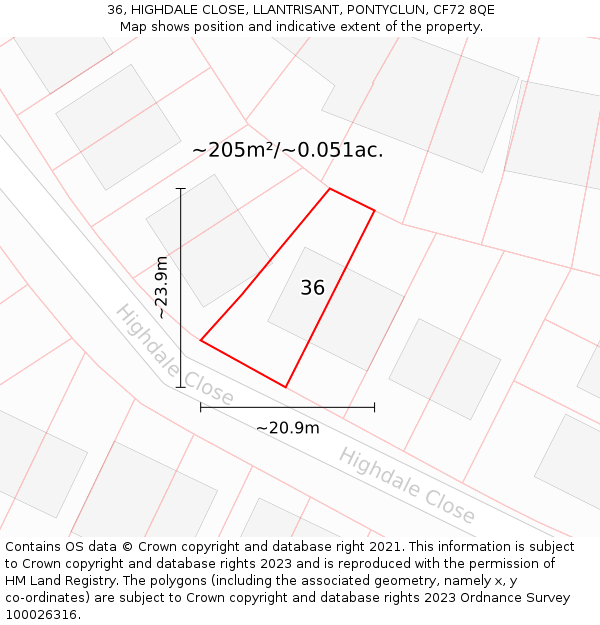 36, HIGHDALE CLOSE, LLANTRISANT, PONTYCLUN, CF72 8QE: Plot and title map