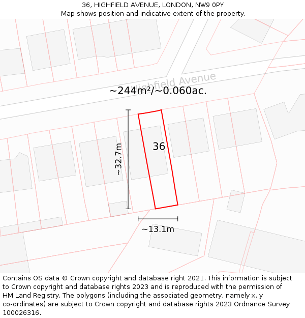 36, HIGHFIELD AVENUE, LONDON, NW9 0PY: Plot and title map