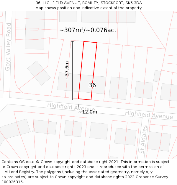 36, HIGHFIELD AVENUE, ROMILEY, STOCKPORT, SK6 3DA: Plot and title map