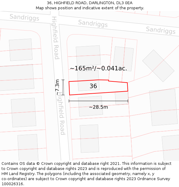 36, HIGHFIELD ROAD, DARLINGTON, DL3 0EA: Plot and title map