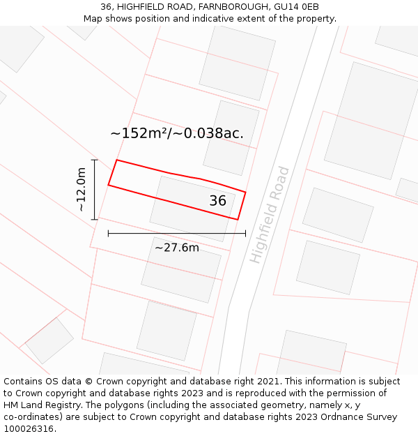 36, HIGHFIELD ROAD, FARNBOROUGH, GU14 0EB: Plot and title map