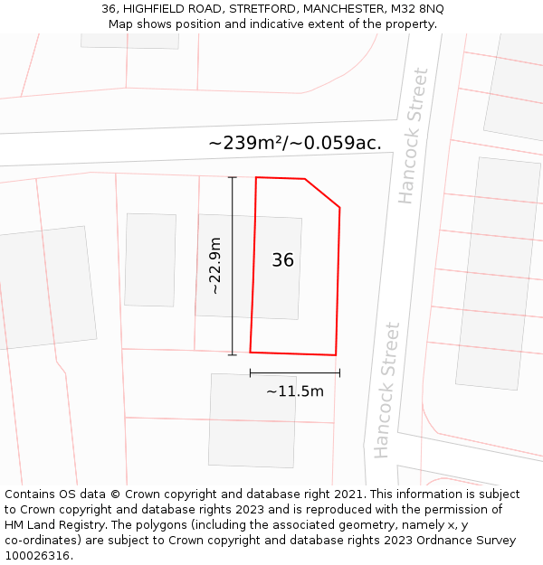36, HIGHFIELD ROAD, STRETFORD, MANCHESTER, M32 8NQ: Plot and title map