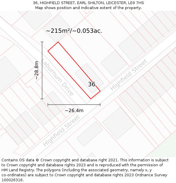 36, HIGHFIELD STREET, EARL SHILTON, LEICESTER, LE9 7HS: Plot and title map