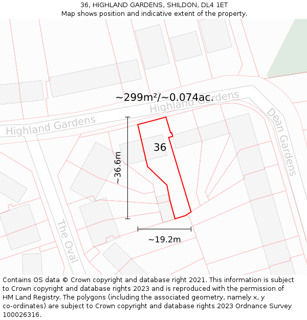 36, HIGHLAND GARDENS, SHILDON, DL4 1ET: Plot and title map