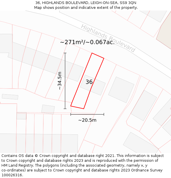 36, HIGHLANDS BOULEVARD, LEIGH-ON-SEA, SS9 3QN: Plot and title map