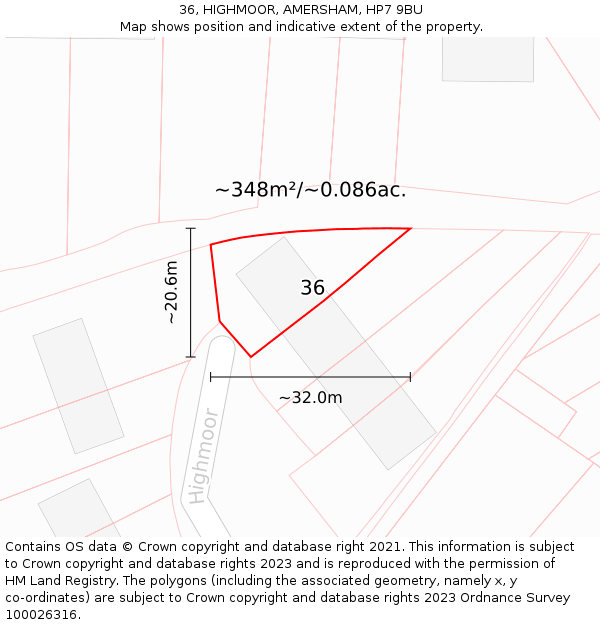 36, HIGHMOOR, AMERSHAM, HP7 9BU: Plot and title map