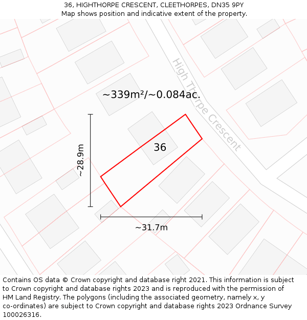 36, HIGHTHORPE CRESCENT, CLEETHORPES, DN35 9PY: Plot and title map