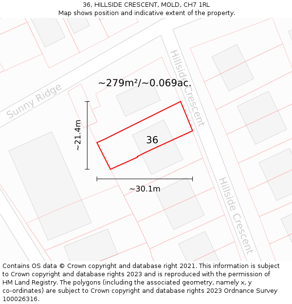 36, HILLSIDE CRESCENT, MOLD, CH7 1RL: Plot and title map