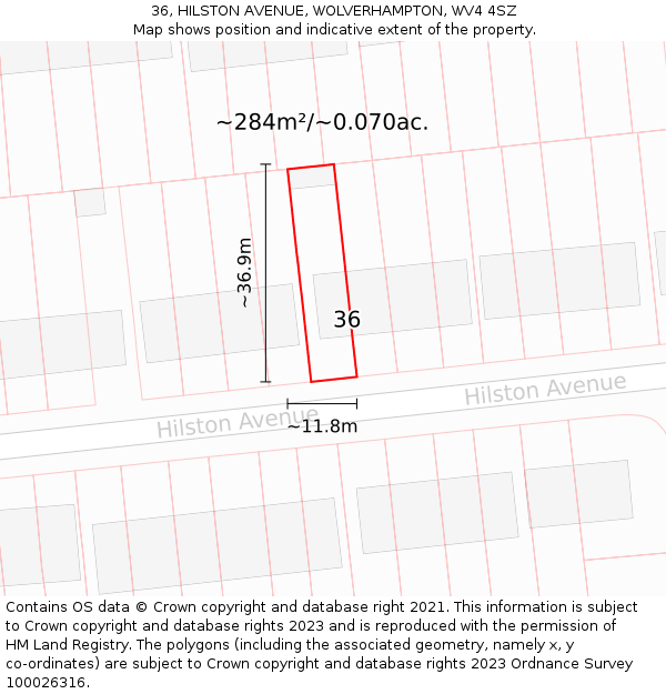 36, HILSTON AVENUE, WOLVERHAMPTON, WV4 4SZ: Plot and title map