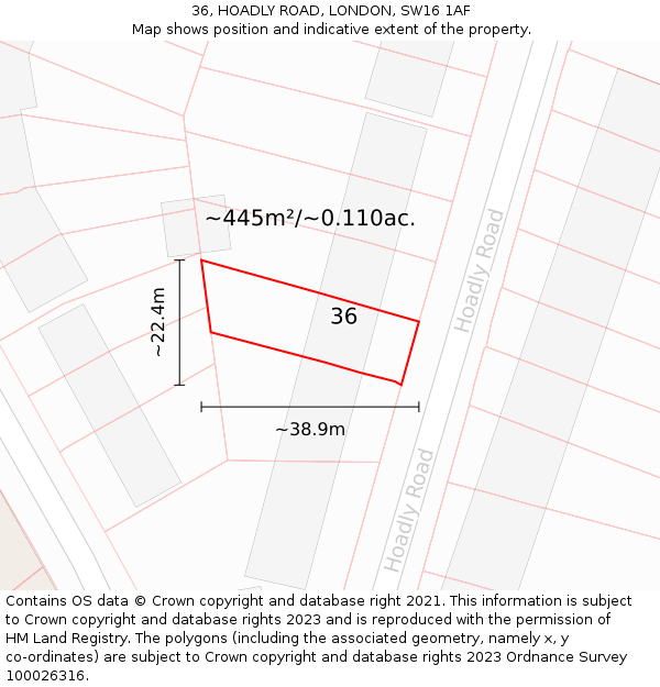36, HOADLY ROAD, LONDON, SW16 1AF: Plot and title map