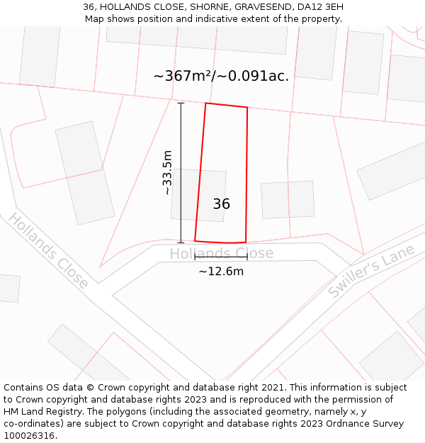 36, HOLLANDS CLOSE, SHORNE, GRAVESEND, DA12 3EH: Plot and title map