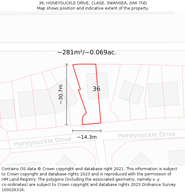 36, HONEYSUCKLE DRIVE, CLASE, SWANSEA, SA6 7ND: Plot and title map