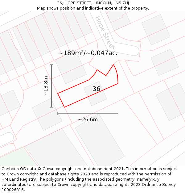 36, HOPE STREET, LINCOLN, LN5 7UJ: Plot and title map