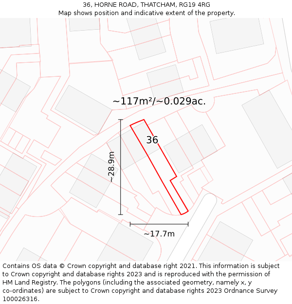 36, HORNE ROAD, THATCHAM, RG19 4RG: Plot and title map