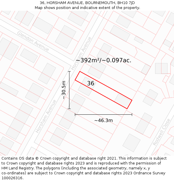 36, HORSHAM AVENUE, BOURNEMOUTH, BH10 7JD: Plot and title map