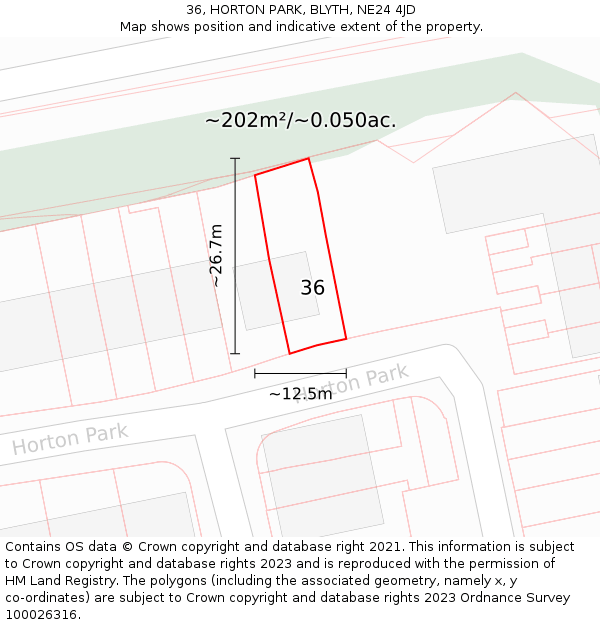36, HORTON PARK, BLYTH, NE24 4JD: Plot and title map