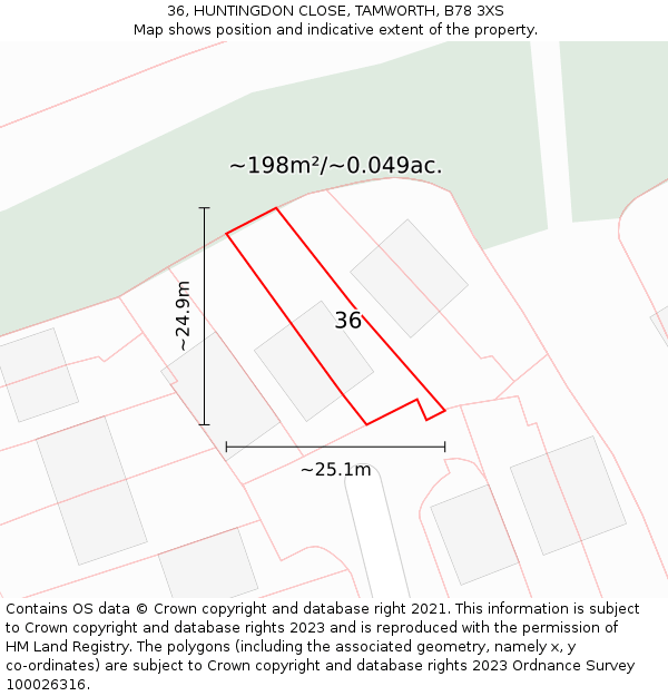 36, HUNTINGDON CLOSE, TAMWORTH, B78 3XS: Plot and title map