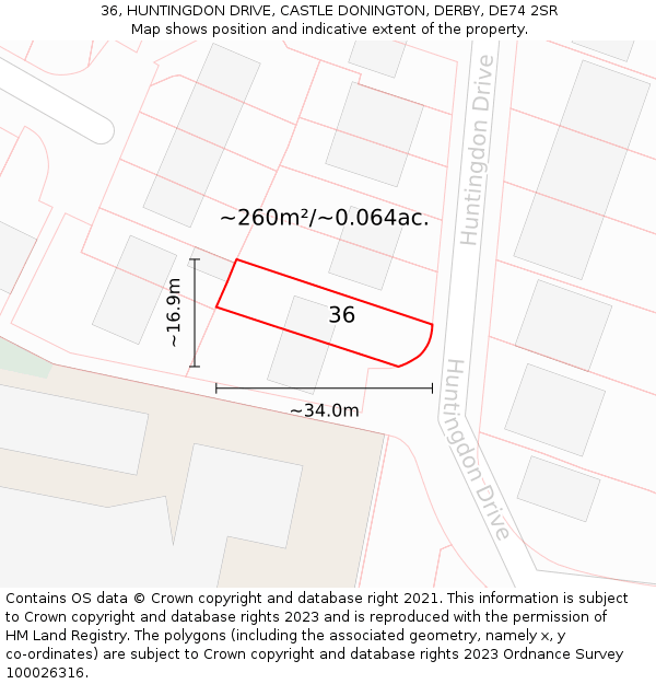 36, HUNTINGDON DRIVE, CASTLE DONINGTON, DERBY, DE74 2SR: Plot and title map