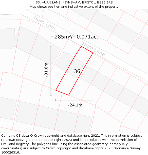 36, HURN LANE, KEYNSHAM, BRISTOL, BS31 1RS: Plot and title map