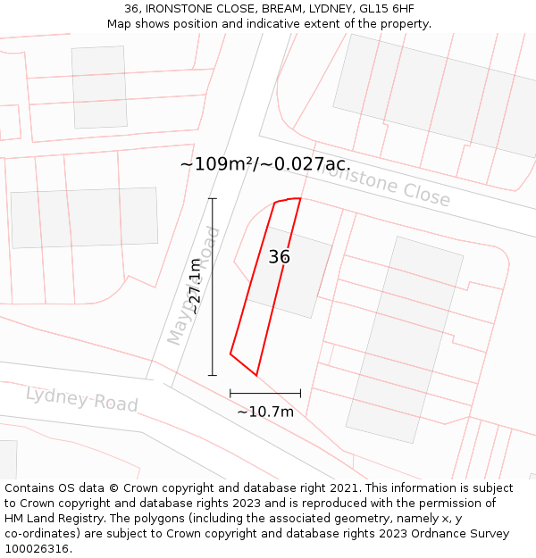 36, IRONSTONE CLOSE, BREAM, LYDNEY, GL15 6HF: Plot and title map