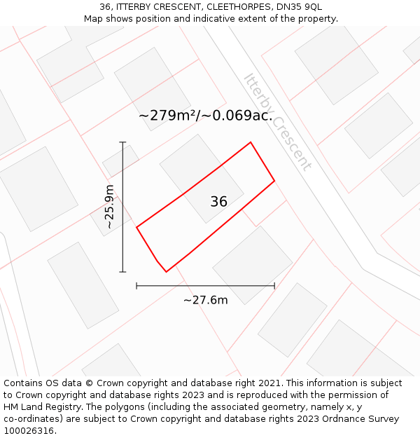 36, ITTERBY CRESCENT, CLEETHORPES, DN35 9QL: Plot and title map