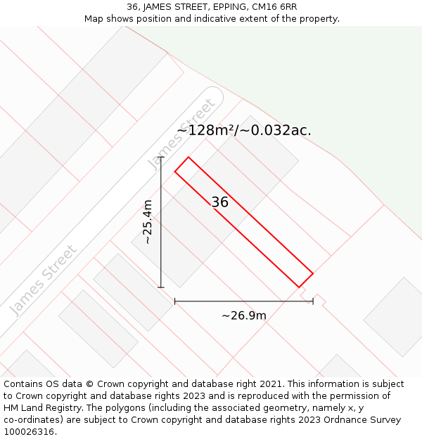 36, JAMES STREET, EPPING, CM16 6RR: Plot and title map