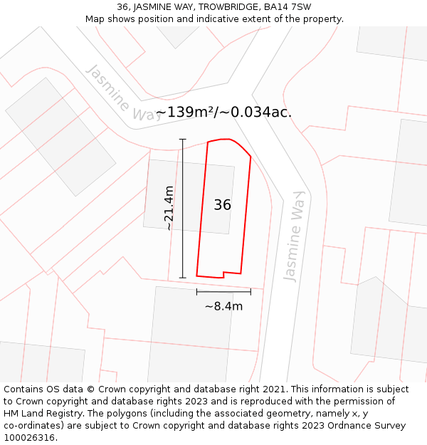 36, JASMINE WAY, TROWBRIDGE, BA14 7SW: Plot and title map