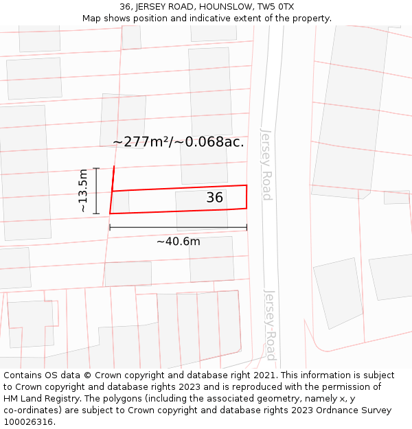 36, JERSEY ROAD, HOUNSLOW, TW5 0TX: Plot and title map