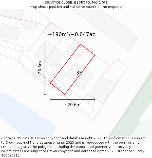 36, JOYCE CLOSE, BEDFORD, MK41 0FE: Plot and title map