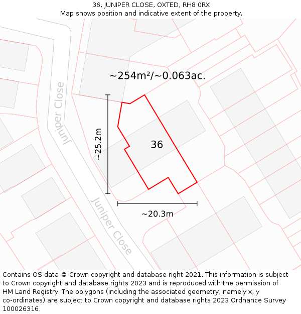 36, JUNIPER CLOSE, OXTED, RH8 0RX: Plot and title map