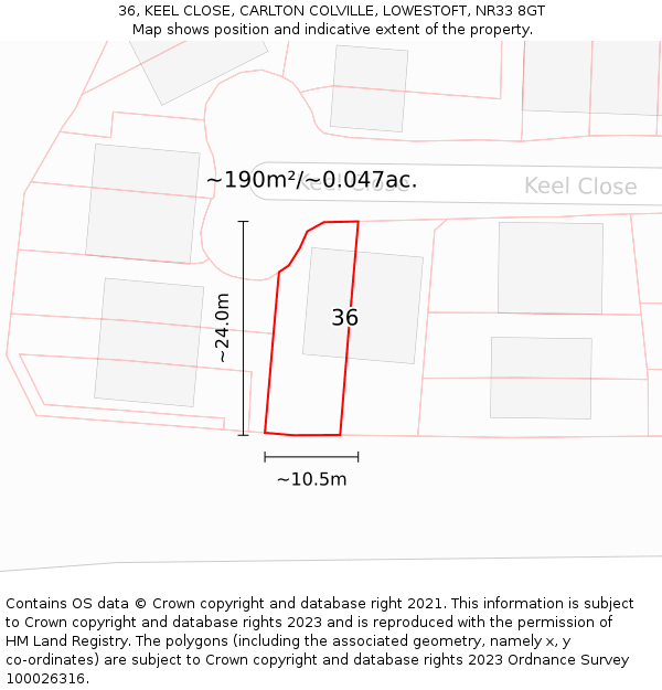 36, KEEL CLOSE, CARLTON COLVILLE, LOWESTOFT, NR33 8GT: Plot and title map
