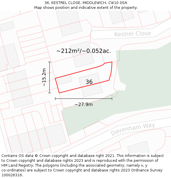 36, KESTREL CLOSE, MIDDLEWICH, CW10 0SA: Plot and title map