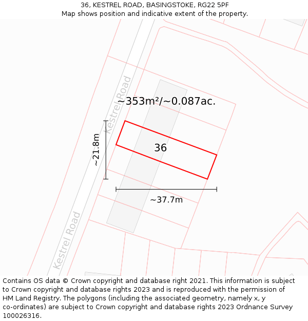 36, KESTREL ROAD, BASINGSTOKE, RG22 5PF: Plot and title map