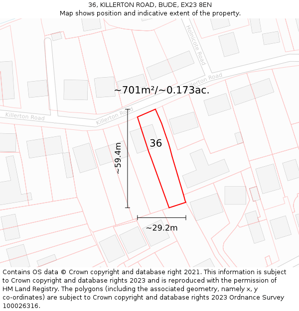 36, KILLERTON ROAD, BUDE, EX23 8EN: Plot and title map