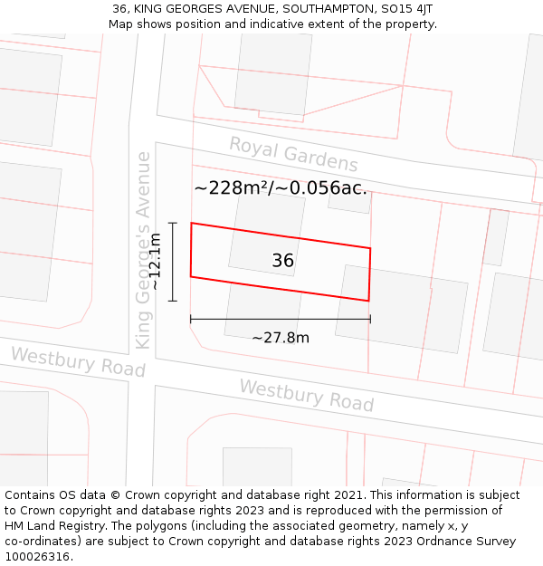36, KING GEORGES AVENUE, SOUTHAMPTON, SO15 4JT: Plot and title map