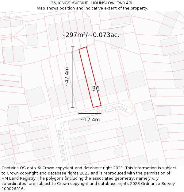 36, KINGS AVENUE, HOUNSLOW, TW3 4BL: Plot and title map