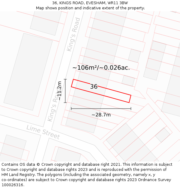 36, KINGS ROAD, EVESHAM, WR11 3BW: Plot and title map