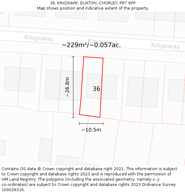 36, KINGSWAY, EUXTON, CHORLEY, PR7 6PP: Plot and title map