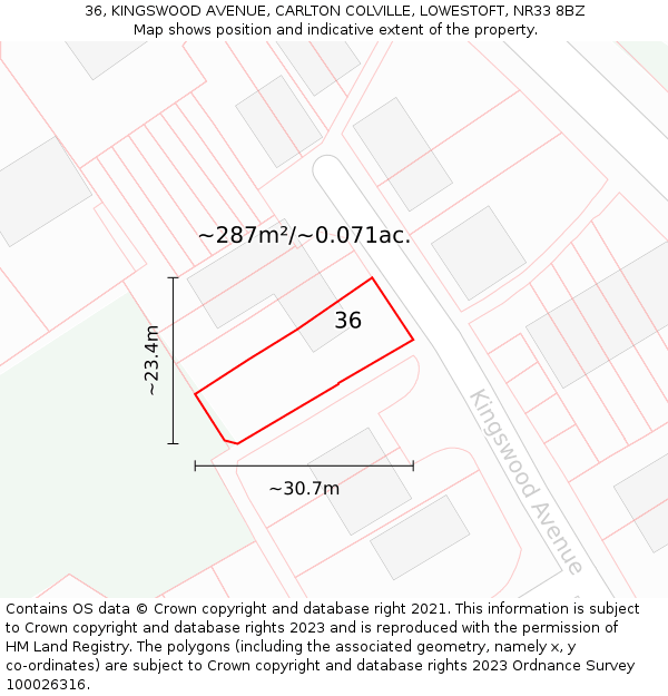 36, KINGSWOOD AVENUE, CARLTON COLVILLE, LOWESTOFT, NR33 8BZ: Plot and title map