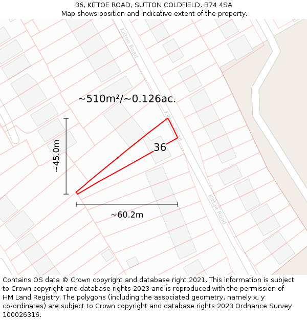 36, KITTOE ROAD, SUTTON COLDFIELD, B74 4SA: Plot and title map