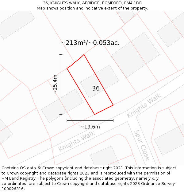 36, KNIGHTS WALK, ABRIDGE, ROMFORD, RM4 1DR: Plot and title map