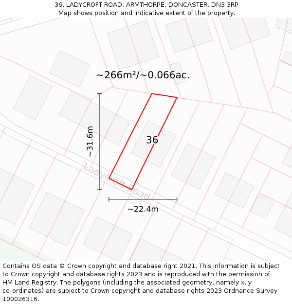 36, LADYCROFT ROAD, ARMTHORPE, DONCASTER, DN3 3RP: Plot and title map