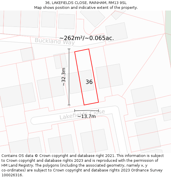 36, LAKEFIELDS CLOSE, RAINHAM, RM13 9SL: Plot and title map