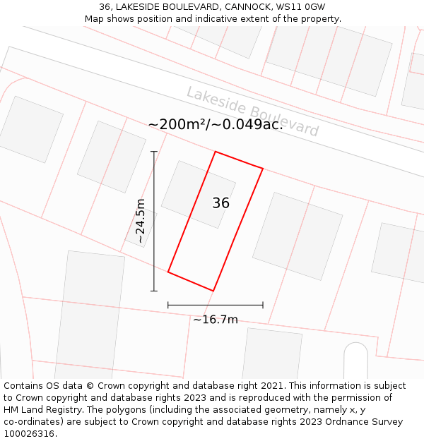 36, LAKESIDE BOULEVARD, CANNOCK, WS11 0GW: Plot and title map