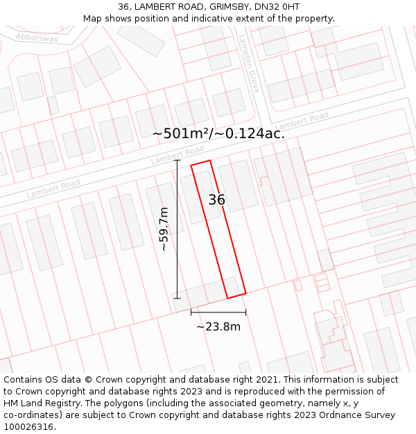 36, LAMBERT ROAD, GRIMSBY, DN32 0HT: Plot and title map